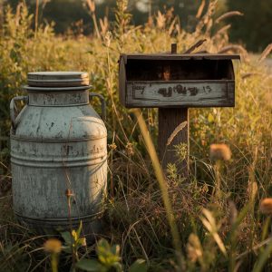 A mail box and a milk can in the country.