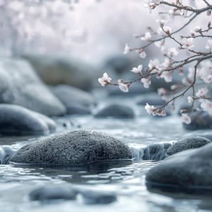 Flowers of tree branches hanging over a small brook.